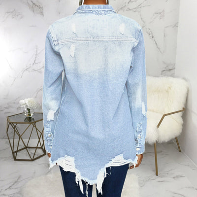 Denim Button Detail Fringe Hem Coat