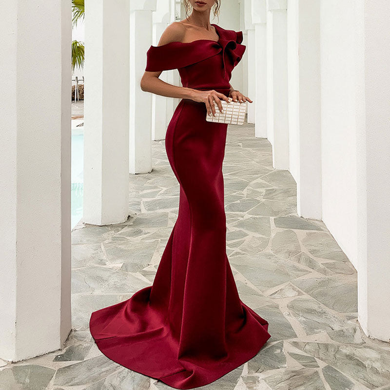 Solid Off Shoulder Sleeveless Ruffle  Design Floor-Length Evening Dress