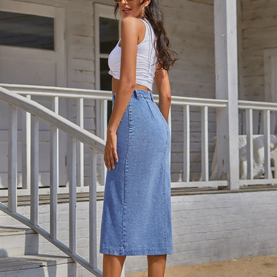 Solid High Waist Button Detailed Slit Denim Skirt