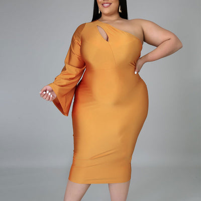 Solid One Shoulder Cut Out Plus Size Bodycon Dress