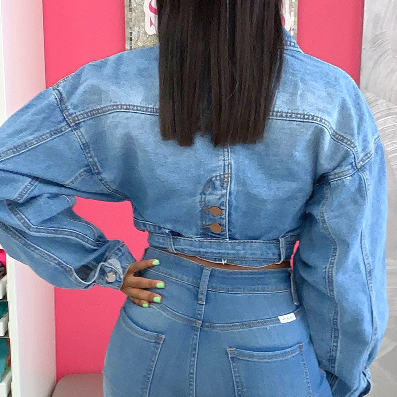 Denim Pocket Button Design Long Sleeve Coat With Belt