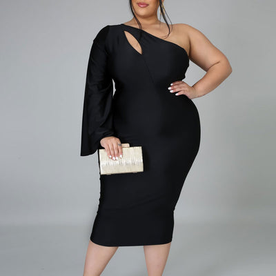 Solid One Shoulder Cut Out Plus Size Bodycon Dress