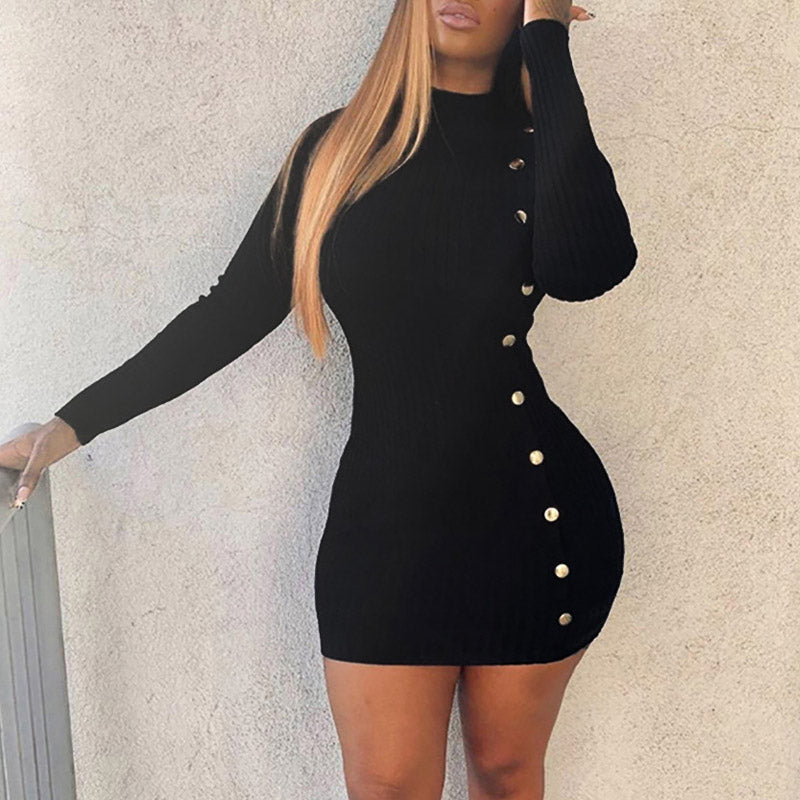 Solid Button Detailed Long Sleeve Bodycon Dress