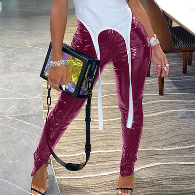 Solid High Waist Split PU Pants