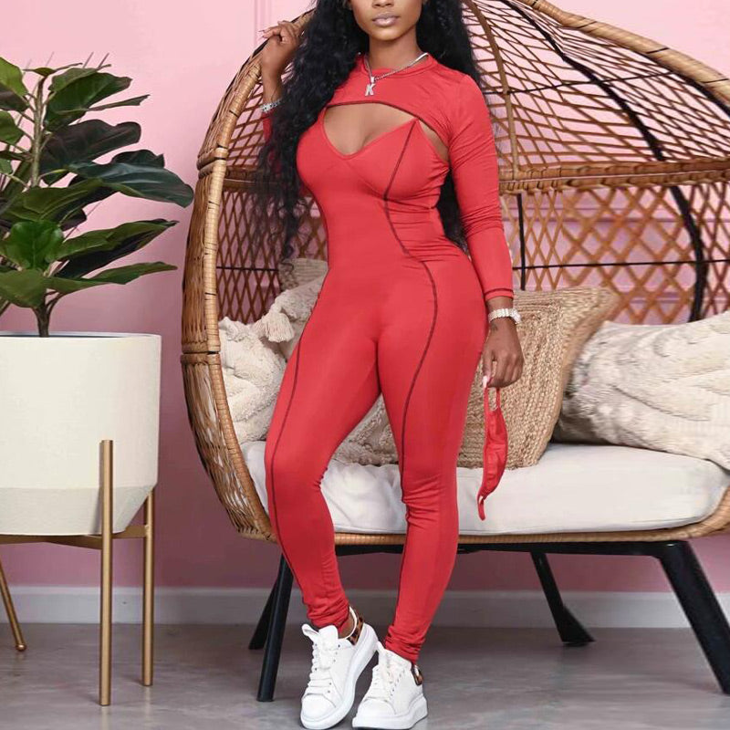 Solid Strip V-Neck Long Sleeve Coat & Jumpsuit Set