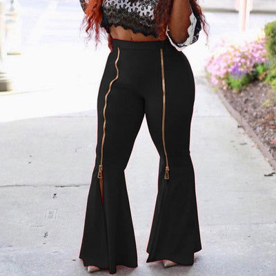 Solid Zipper Design Bell Bottom Pants