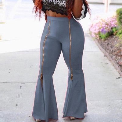 Solid Zipper Design Bell Bottom Pants