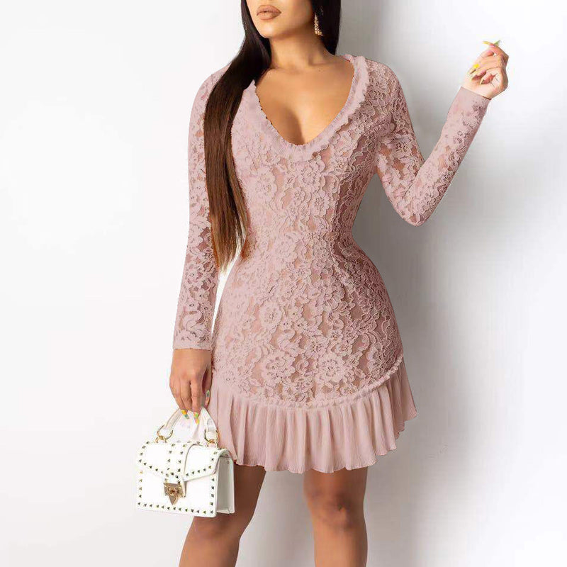 Solid Lace Patchwork Backless Bodycon Dress