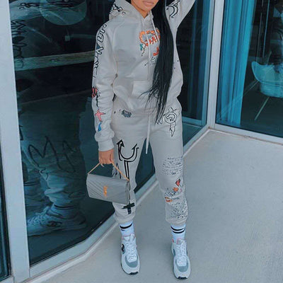 Letter Print Hoodies Casual Top & Pants Set