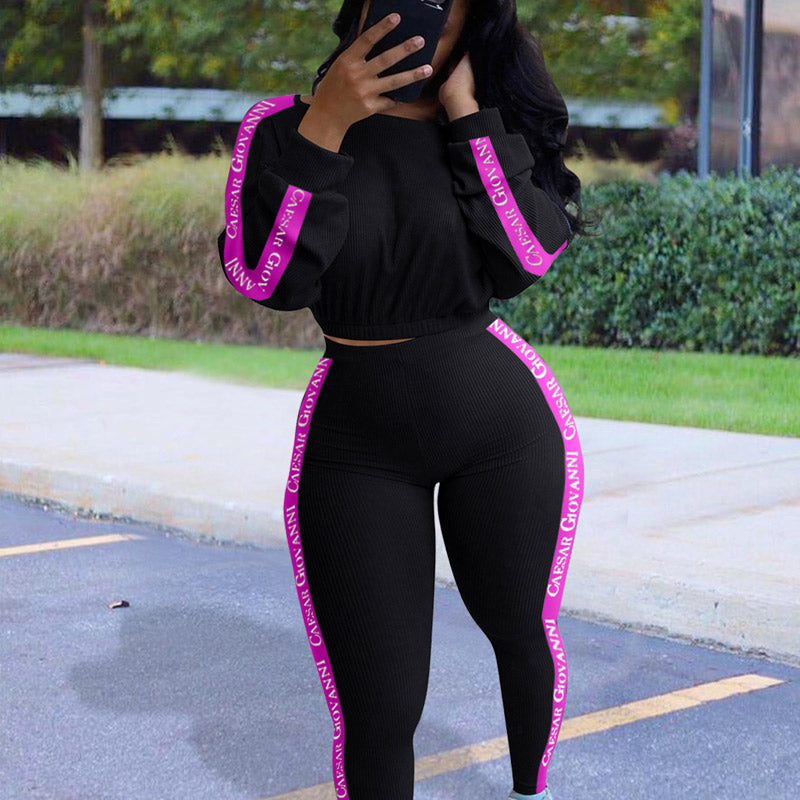 Colorblock Letter Print Long Sleeve Sports Top & Pants Suit