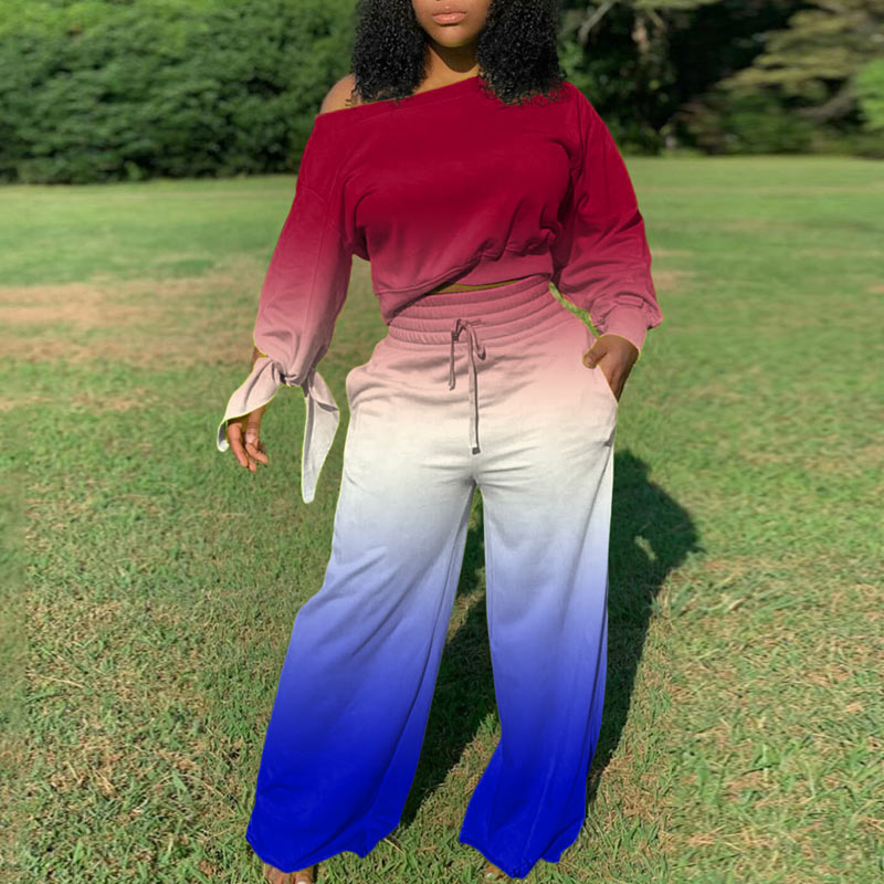 Gradient Color Crop Top & Drawstring Wide Leg Pants