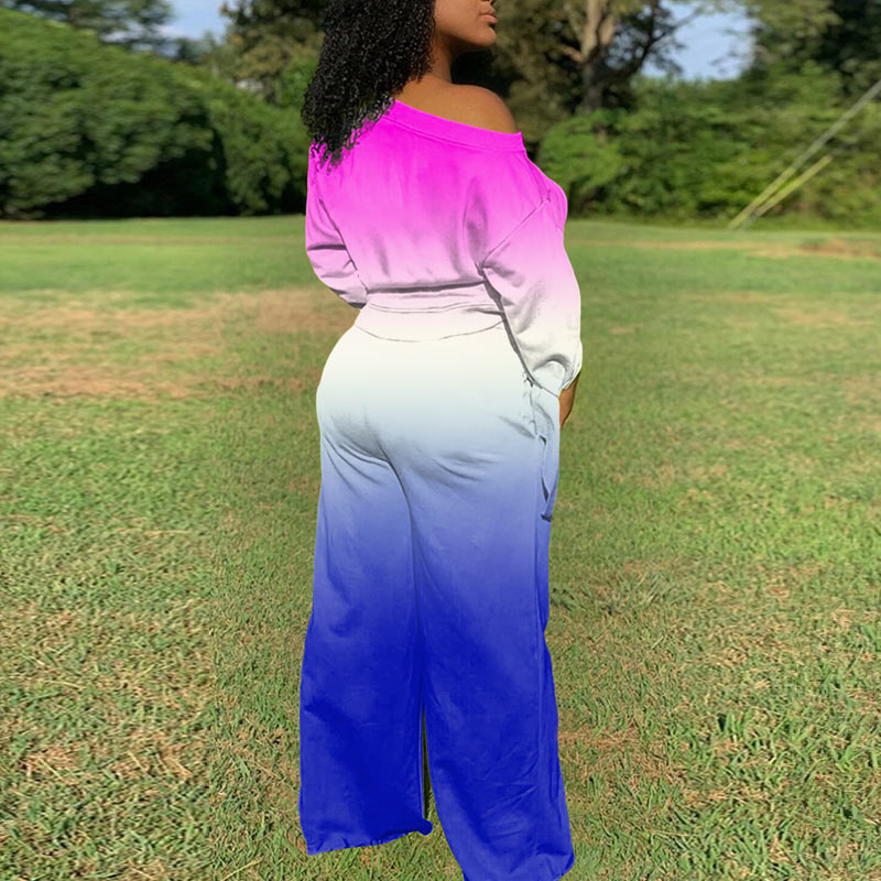 Gradient Color Crop Top & Drawstring Wide Leg Pants