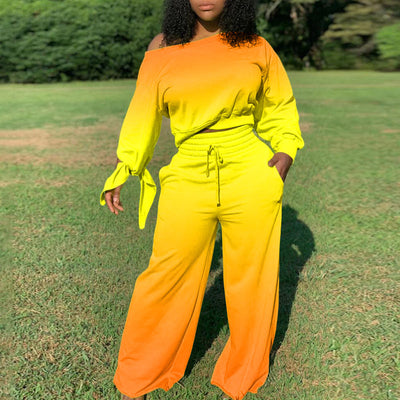 Gradient Color Crop Top & Drawstring Wide Leg Pants