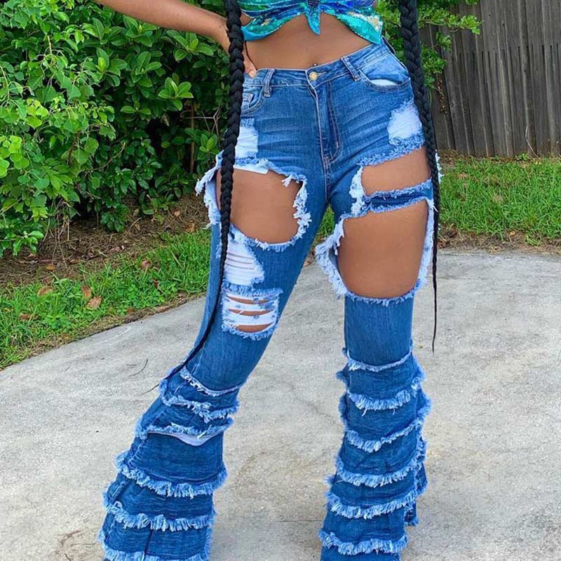 Solid Ruffles Cutout Pocket Design Denim High Waist Bell Bottom Jeans