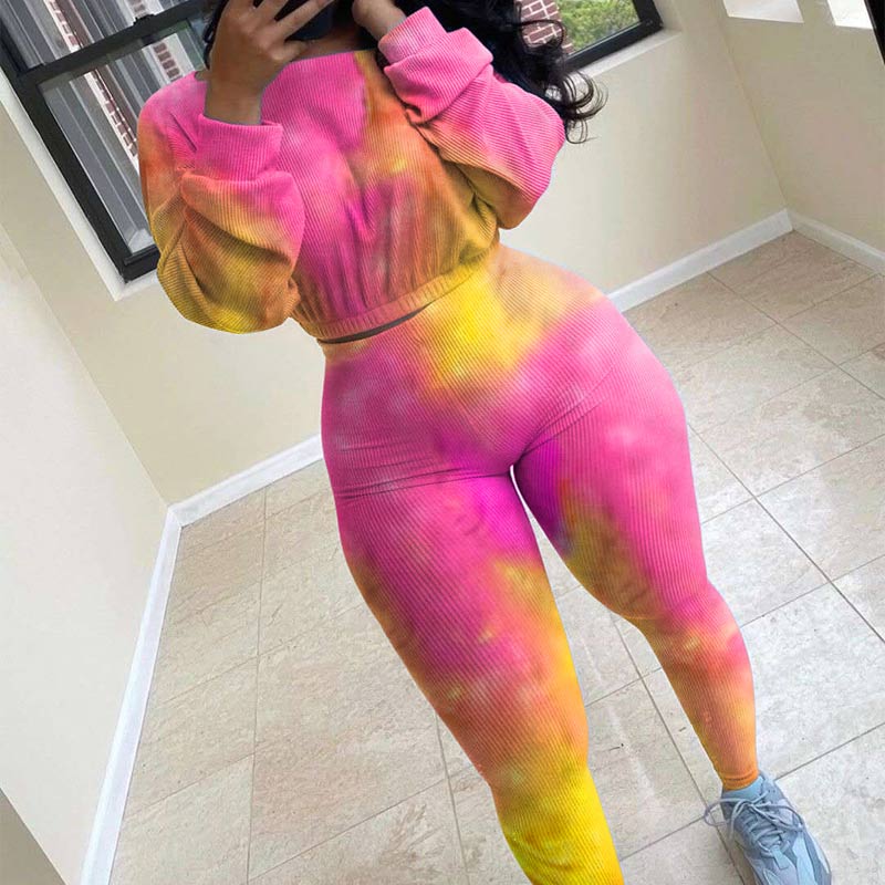 Tie Dye Print Long Sleeve Two Piece Pants Set