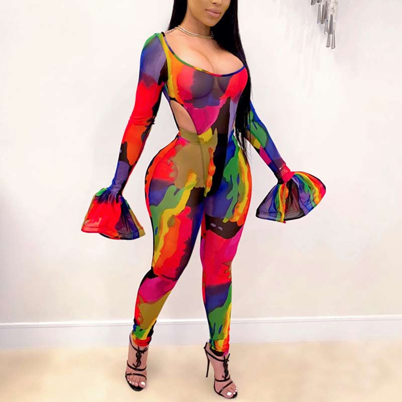 Colorblock U Neck Flared Sleeve Jumpsuit