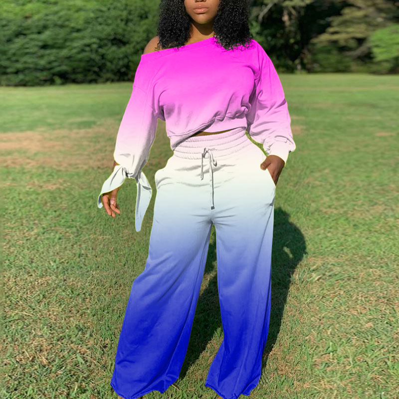 Gradient Color Crop Top & Drawstring Wide Leg Pants