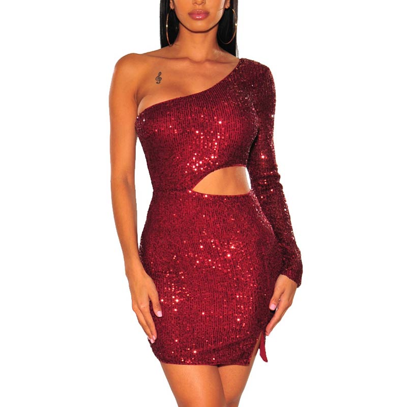 Sequins One Shoulder Hollow Out Bodycon Dress