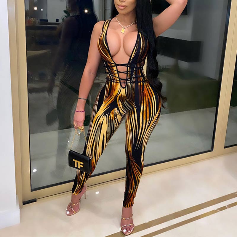 Print Sleeveless Deep V-Neck Bandage Jumpsuit