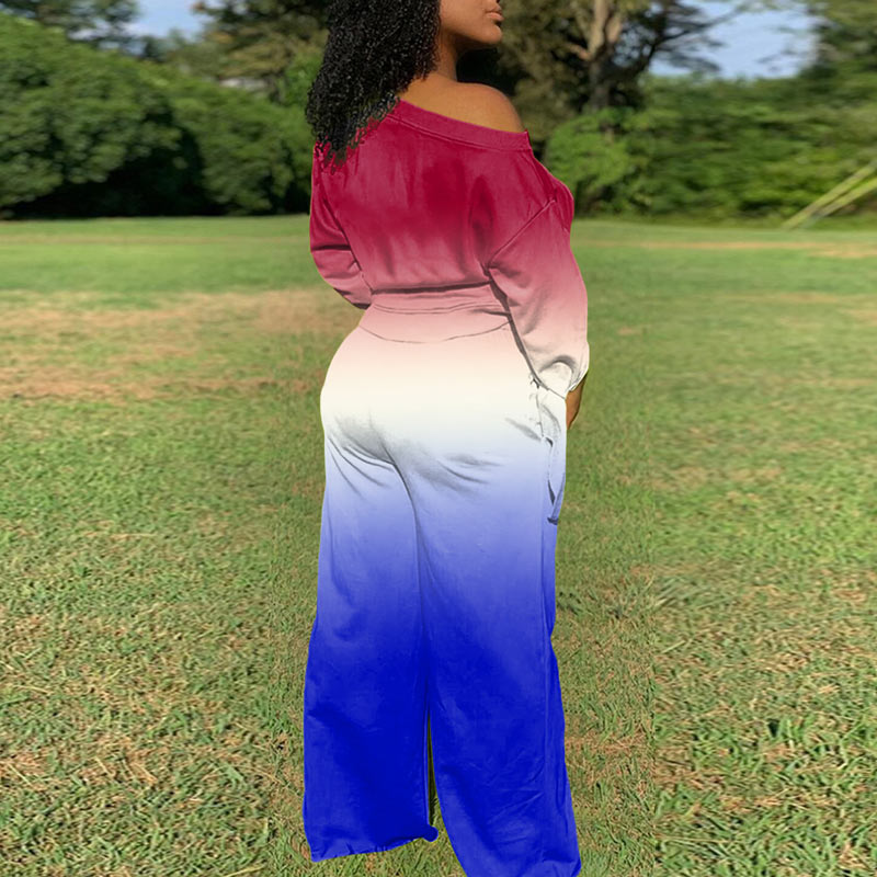 Gradient Color Crop Top & Drawstring Wide Leg Pants