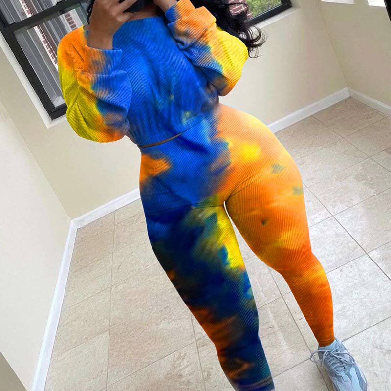 Tie Dye Print Long Sleeve Two Piece Pants Set