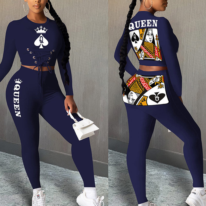 Poker Print Design Lace-Up Eyelet Long Sleeve Top & Pants Set