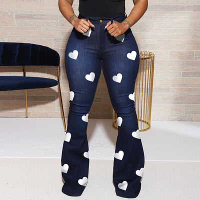 Fashion Heart Print Denim High Waist Bell Bottom Jeans