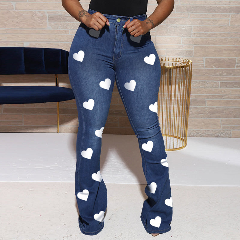 Fashion Heart Print Denim High Waist Bell Bottom Jeans