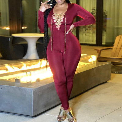 Solid V-Neck Chains Bandage Long Sleeve Jumpsuit