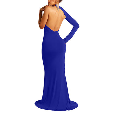 Solid One Shoulder Backless High Split Maxi Party Dress