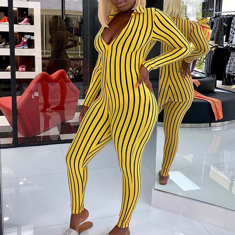 Sexy Deep-V Striped Print Jumpsuit