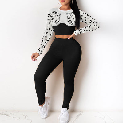 Colorblock Leopard Pattern Long Sleeve Crop Top & Pants Set