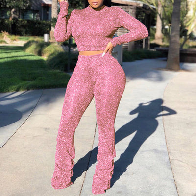 Long Sleeve Crop Top & High Waist Stacket Pants Set