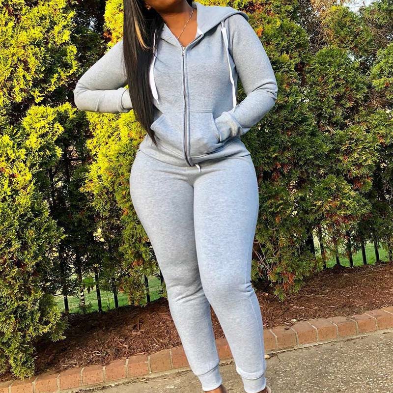 Solid Zipper Detailed Hoodies Top & Pants Set