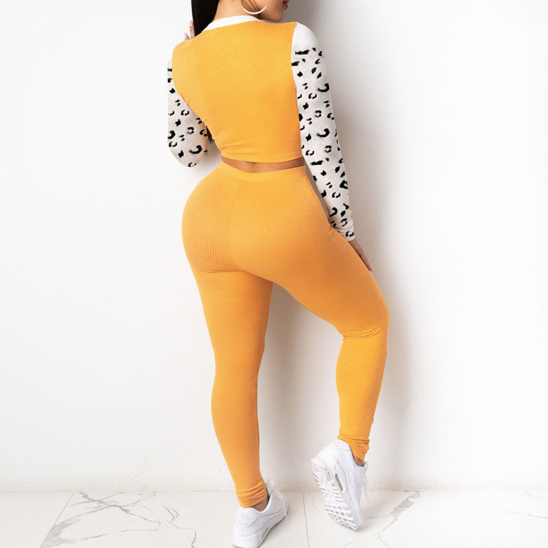 Colorblock Leopard Pattern Long Sleeve Crop Top & Pants Set