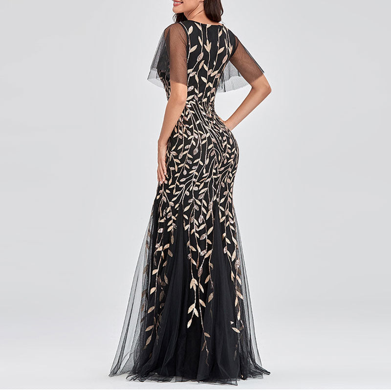 Sequins Leaf Pattern V-Neck Sheer Mesh Evening Dress