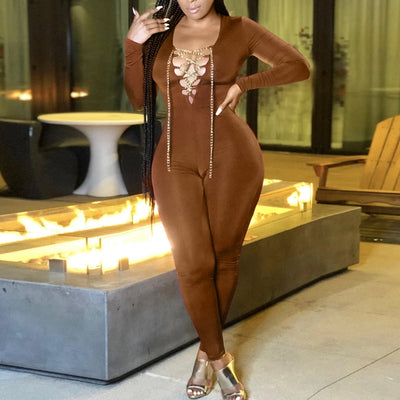 Solid V-Neck Chains Bandage Long Sleeve Jumpsuit