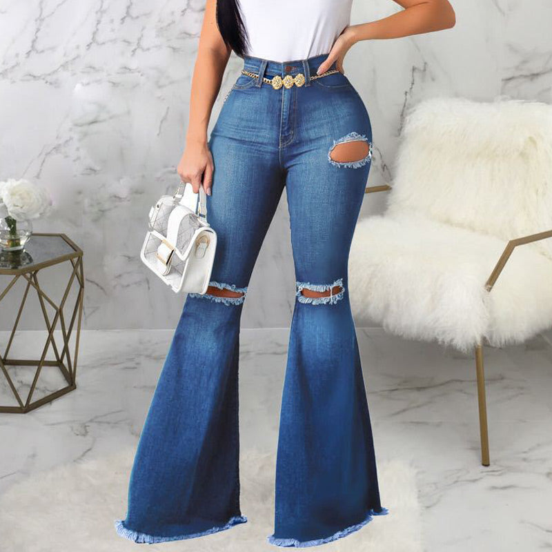 High Waist Cut Out Ripped Bell-bottomed Tassel Jeans