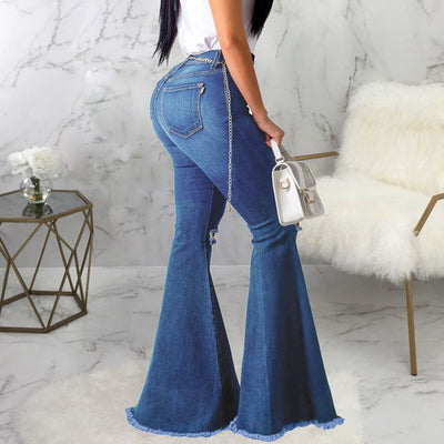 High Waist Cut Out Ripped Bell-bottomed Tassel Jeans