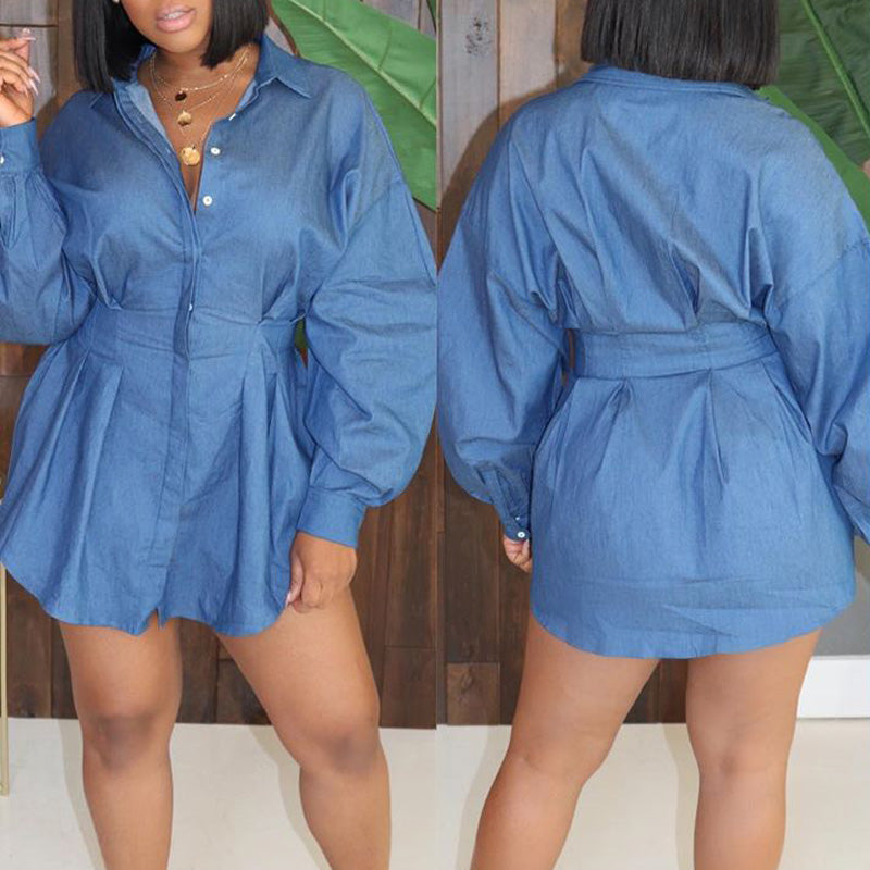 Denim Pleated Button Design Long Sleeve Shirt Dress