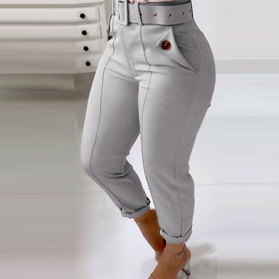 Solid Pocket Design High Waist Pants With Belt