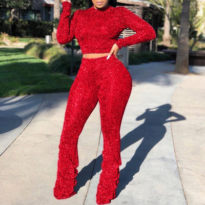 Long Sleeve Crop Top & High Waist Stacket Pants Set