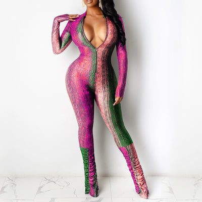 Colorblock V-Neck Long Sleeve Stacket Jumpsuit