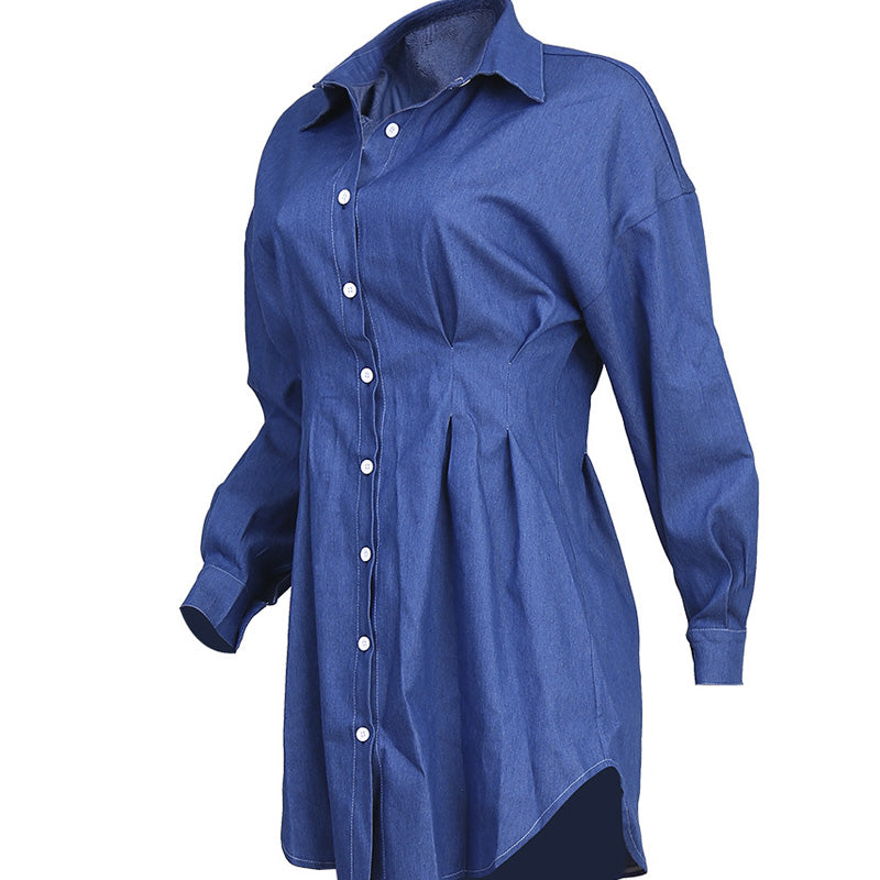 Denim Pleated Button Design Long Sleeve Shirt Dress