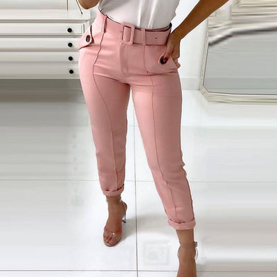 Solid Pocket Design High Waist Pants With Belt