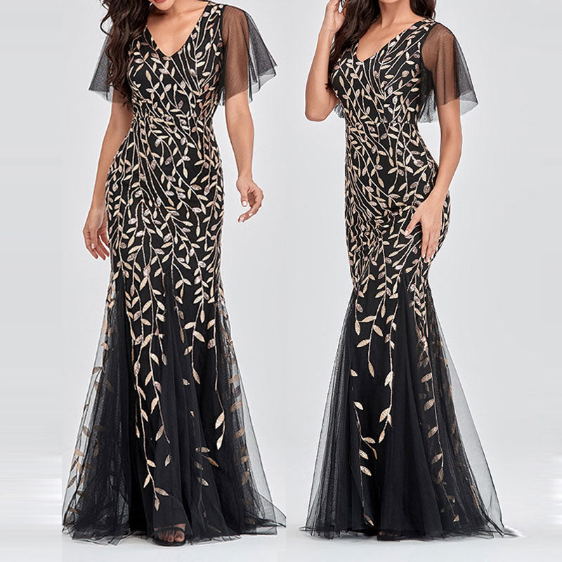 Sequins Leaf Pattern V-Neck Sheer Mesh Evening Dress