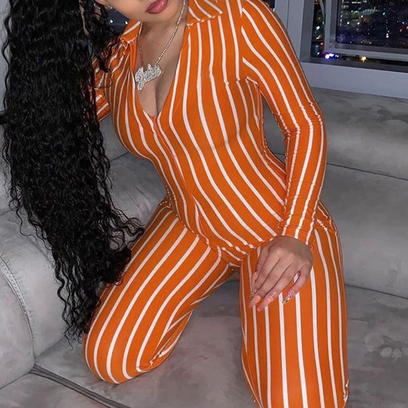 Sexy Deep-V Striped Print Jumpsuit