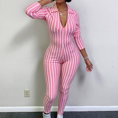 Sexy Deep-V Striped Print Jumpsuit