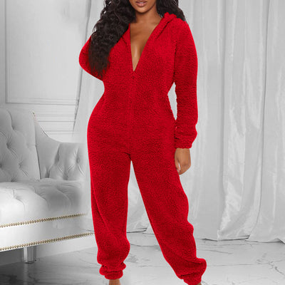 Solid Fluffy Long Sleeve Hooded Jumpsuit