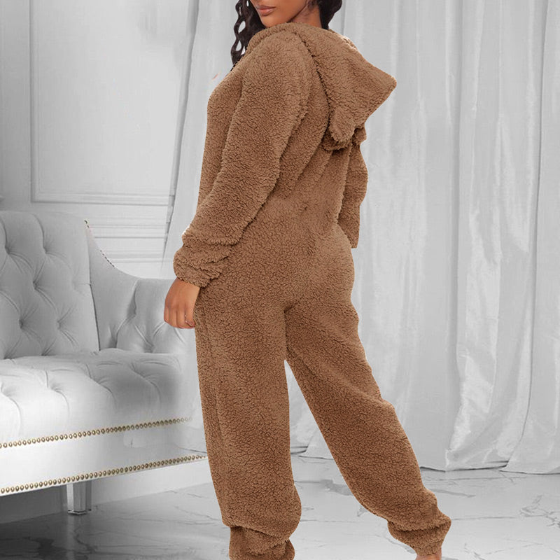 Solid Fluffy Long Sleeve Hooded Jumpsuit